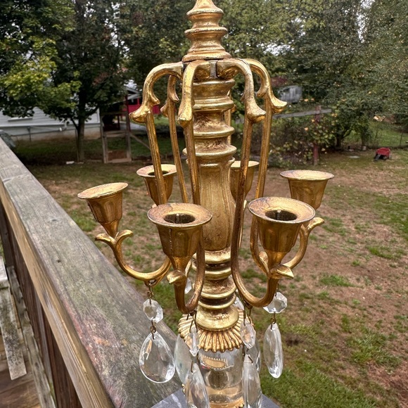 Vintage Art Deco Dilly MFG Co Brass on Marble Crystal Drops Six Arm Candelabra - Picture 3 of 9